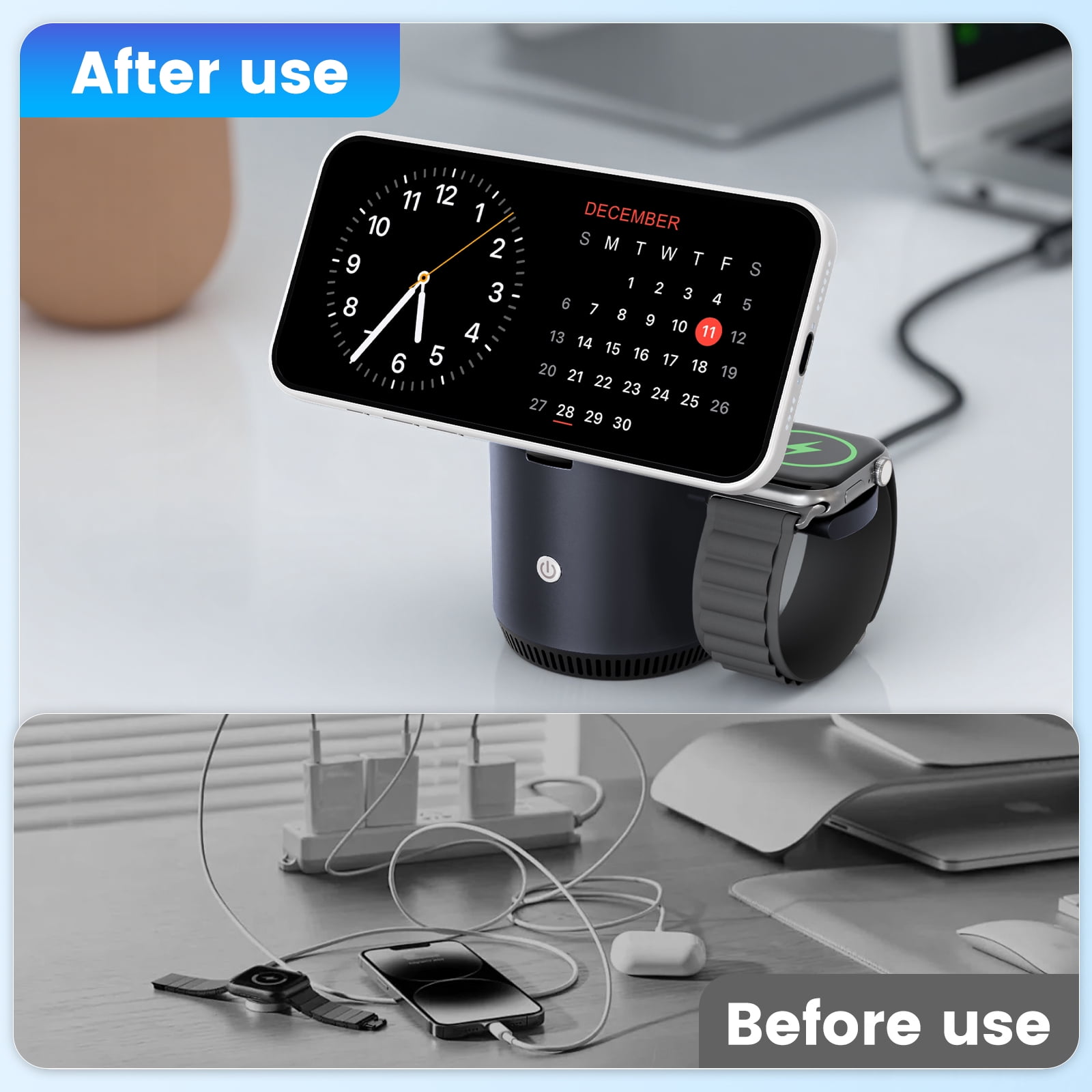 Wireless Charger for iPhone, Charging Station for iPhone 17 16 15 14 13 12, for AirPods 4 3 2, for iWatch Series, with Adjustable Night Light, Black