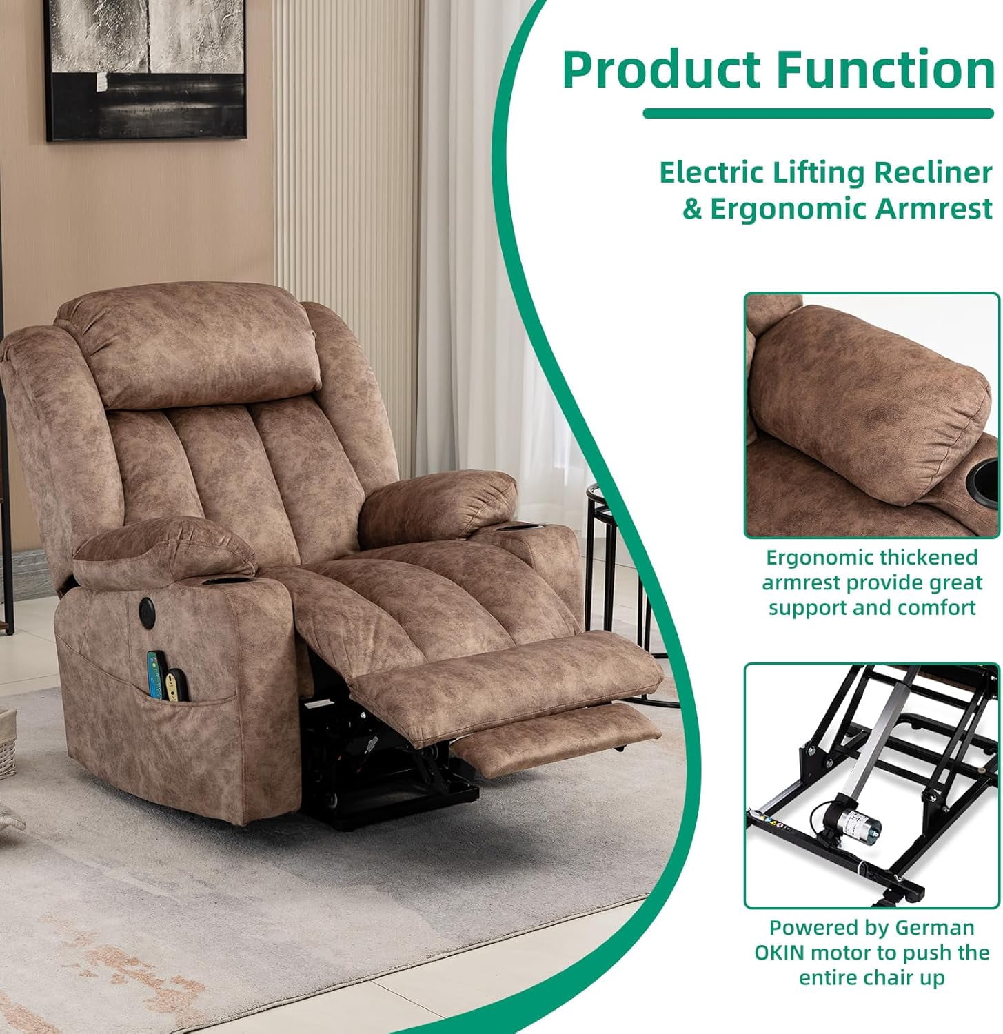 VIVIJASON Tall Man Large Power Lift Recliner Chair with Massage and Heat for Elderly, Overstuffed Wide Electric Lift Recliner w/Extended Footrest, 2 Cup Holder, Side Pockets & USB Ports, Fabric Brown