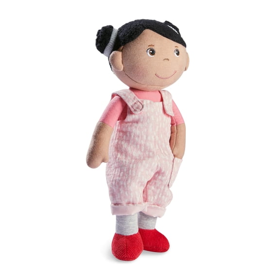 HABA Snug Up Doll Rumbi - 10" Soft Doll with Black Hair and Pink Overalls - Machine Washable for 18 Months and Up
