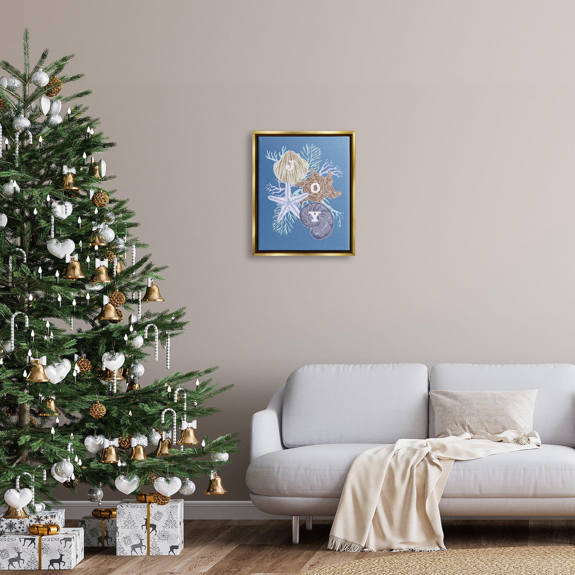 Stupell Industries Joy Nautical Holiday Seashells Holiday Painting Gold Floater Framed Art Print Wall Art