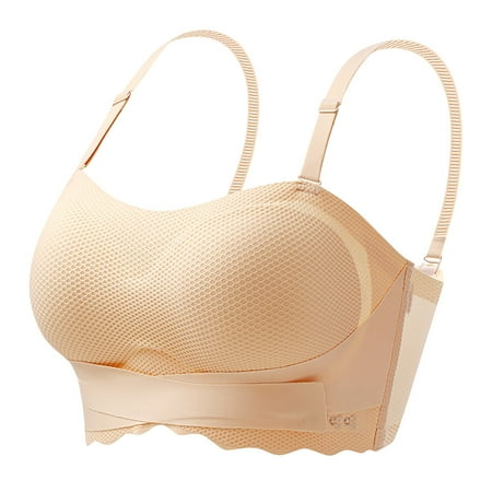 Mrat Wireless Sports Bras Women Strapless Steel Ring Front Buckle Strap Detachable Shoulder Strap Slip Large Size Beautiful Back Bra Sports Underwear S-477 Beige L
