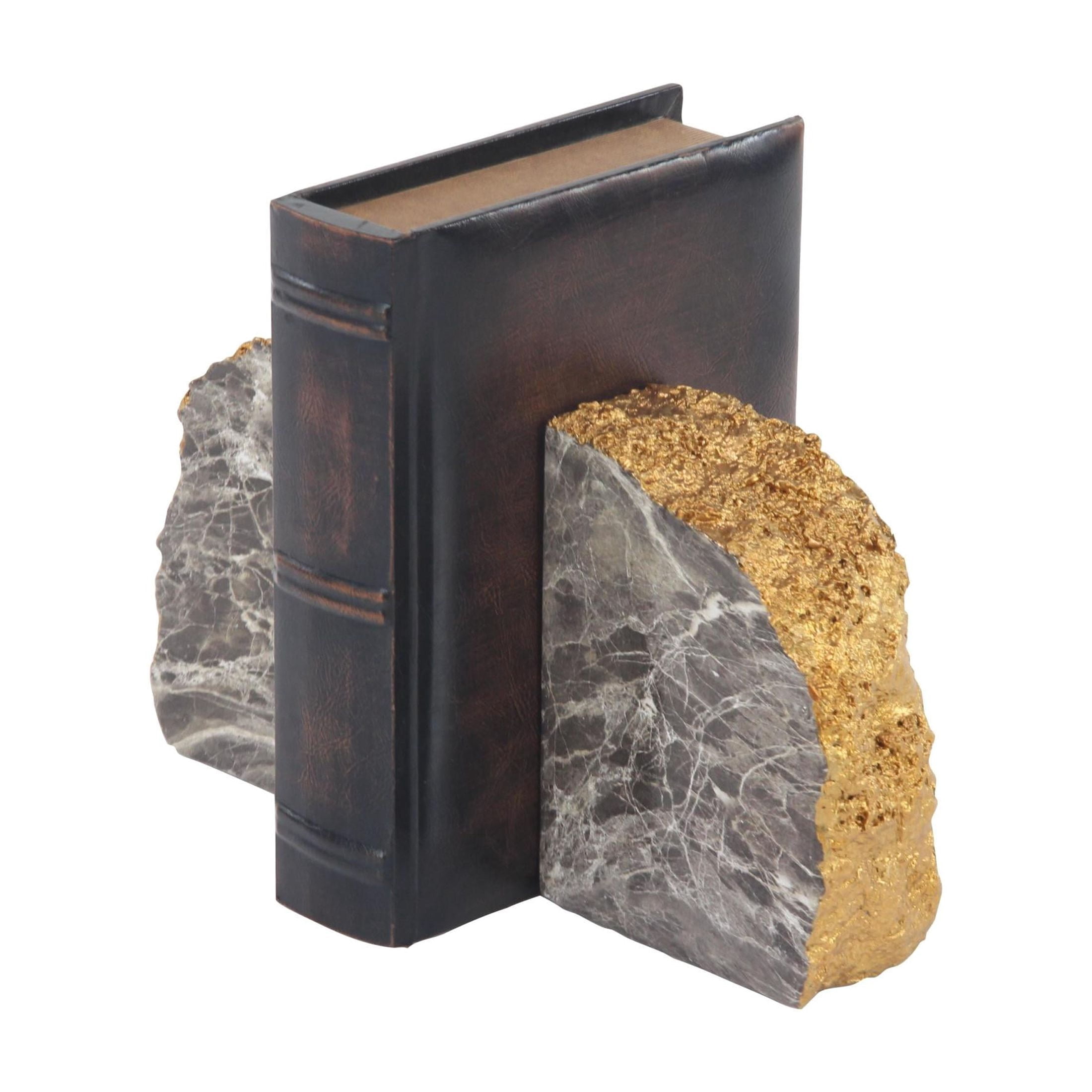 CosmoLiving by Cosmopolitan 5" Geode Gray Polystone Bookends with Gold Detailing (Set of 2)