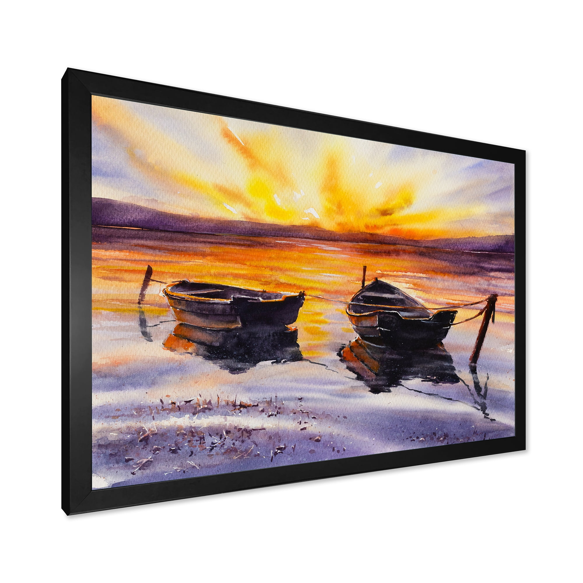 Designart 'Two Small Boats Parking On The Shore and Sunset' Lake House Framed Art Print