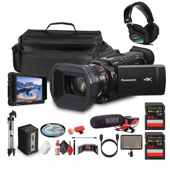 Panasonic HC-X1200 UHD 4K HDMI Lightweight Compact Camcorder with 24x Zoom (HC-X1200)   Mic   Monitor   Pro HeadPhones   Case   LED Light   Tripod   2 x 64GB Memory Card   USB-C Cable   More