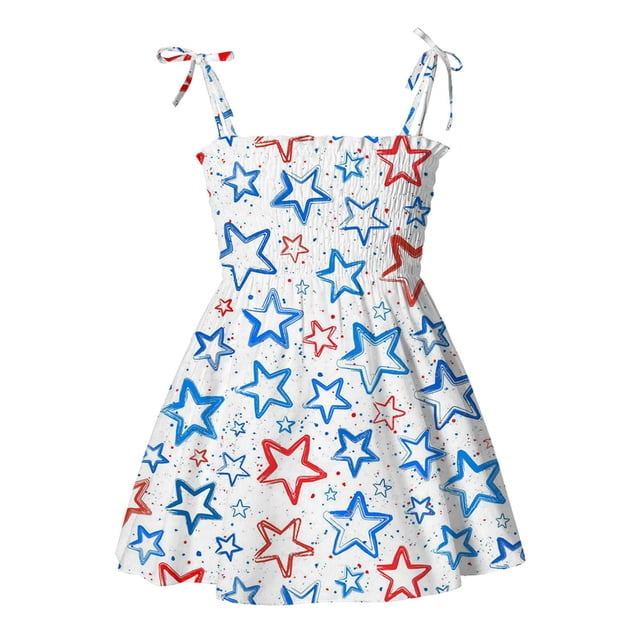 vdgthytj Robe 4 Juillet pour Tout-Petites Filles Étoiles Rayées Bretelles à Nouer Robe Smockée Robe d'Été Trapèze Robe de Fête d'Été