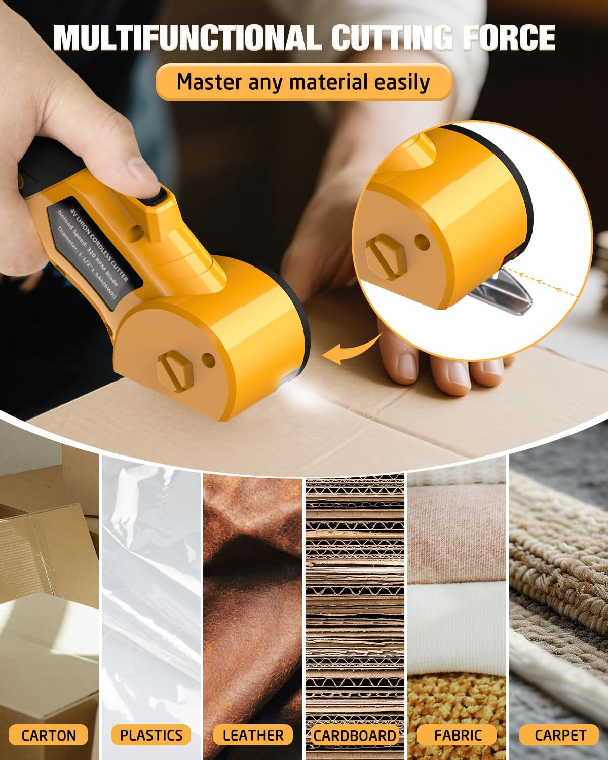 Cordless Electric Scissors, Lightweight, Rechargeable Rotary Cutter with Safety Lock, LED Light, Replacement Blade,Heavy Duty Scissor for Box Carpet Plastic Fabric(Yellow）