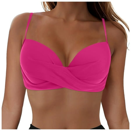GEWSEY Women Twist Front Underwire Bikini Top Push Up Lace Up Swimsuit Tops Bra Padded Bathing Suit Tops Hot Pink  XL