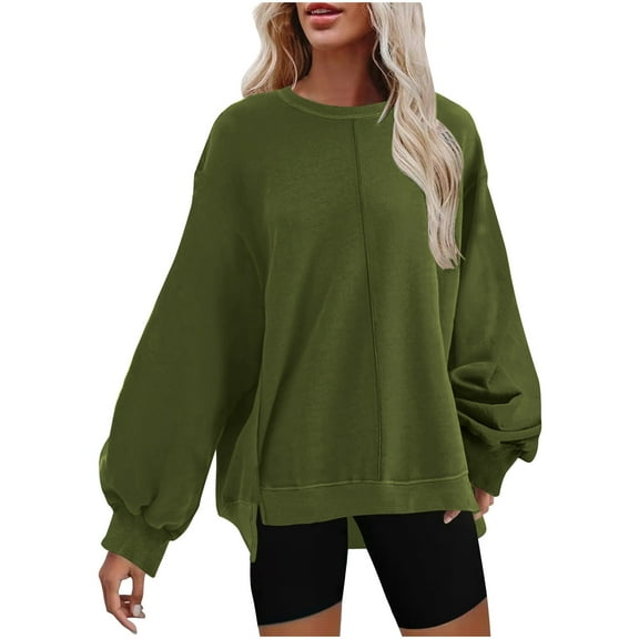 STETMN Plus Size Drop Shoulder Sweatshirts for Women Fall Lantern Sleeve Side Slit Comfy Pullover Top