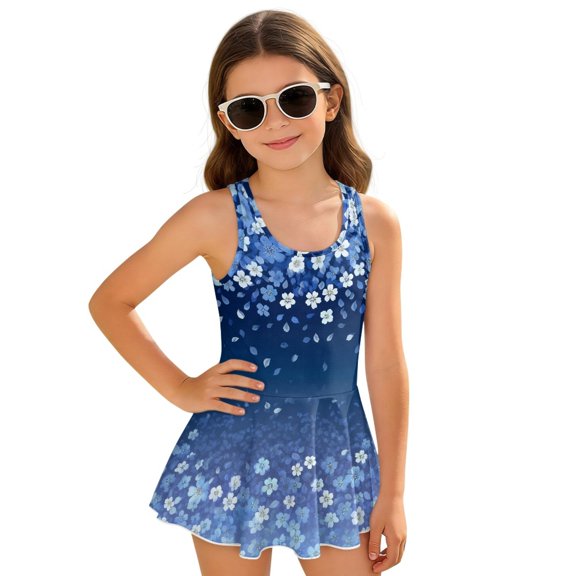 DISNIMO Cherry Blossom Print Girls Swimsuit One Piece Bathing Suit with Skirt Hawaiian Summer Swimwear Soft Breathable Swim Dress