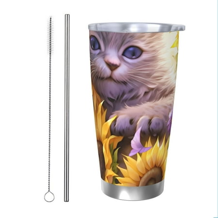 

Zeuib Daisy Sunflower Lazy Cat Printed 20oz Stainless Steel Insulated Car Cup Stainless Steel Thermal Cup Vacuum Insulated Leak-proof Travel Mug Cup-Straw Two-piece Set