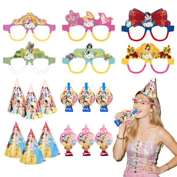 Princess Party Supplies - 36pcs Princess Birthday Decorations Set -  Princess Birthday Hats, Pink Blowers, Blue Blowers & Paper Glasses for Royal Theme Party Favors