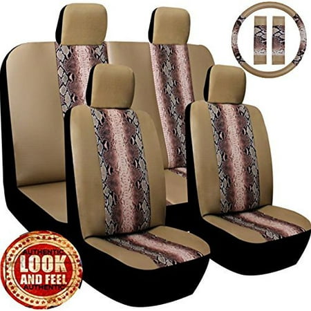 Premium 13 Piece Luxury Beige Snake Skin Stitching Universal Faux Leather Car Seat Cover Set w/ Steering Wheel & Seat Belt Pads - Authentic Look &
