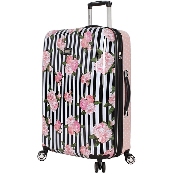 Betsey Johnson 26 Inch Checked Luggage Collection - Expandable Scratch Resistant ABS PC Hardside Suitcase - Designer Lightweight Bag with 8-Rolling Spinner Wheels Stripe Roses 26in Stripe Roses