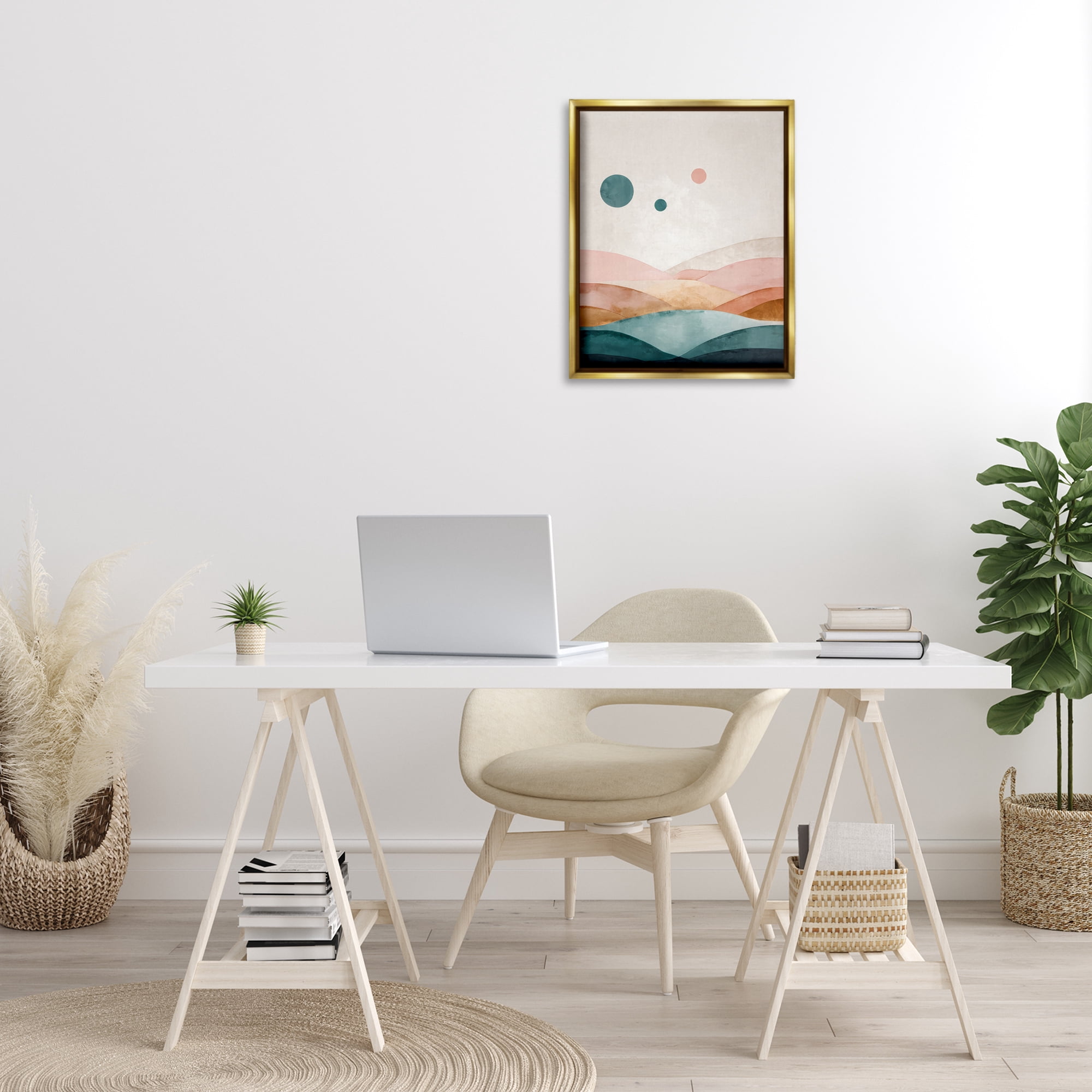 Stupell Industries Spheres Above Desert Landscape Painting Gold Floater Framed Canvas Art Print Wall Art, 17 x 21
