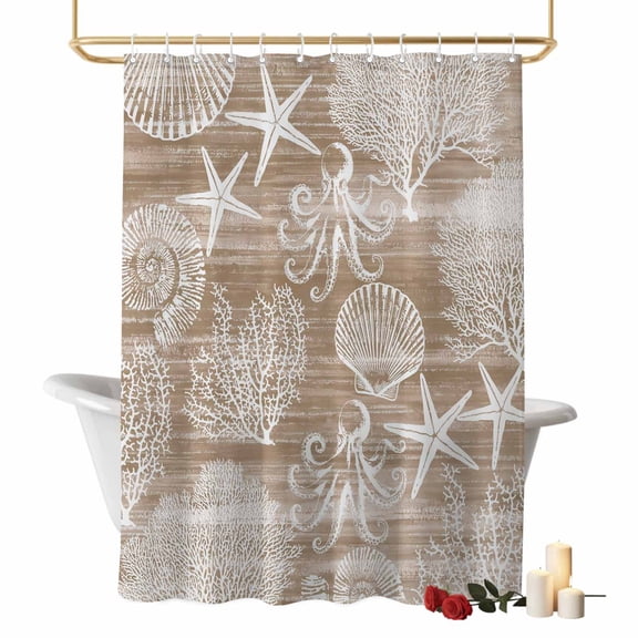Brown Coastal Shower Curtains for Bathroom, Nautical Starfish Octopus Coral Summer Washable Fabric Shower Curtain with Hooks Waterproof Bathroom Decor Sets, 36 x 78 Inches