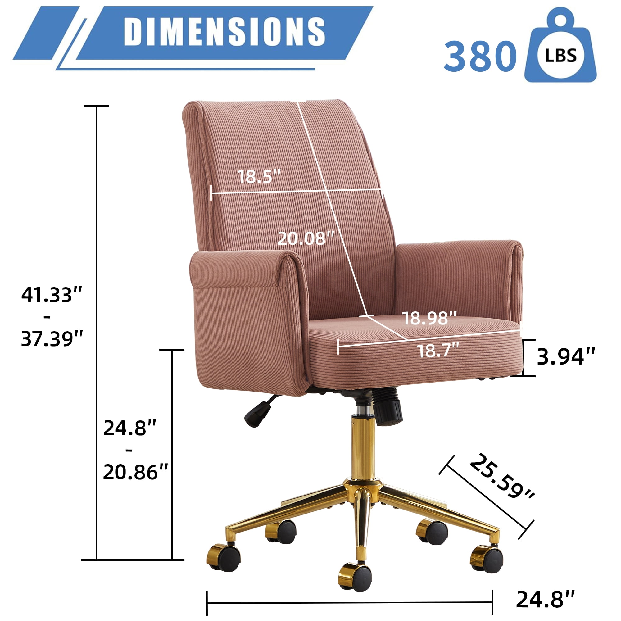 Mid Back Office Chair with Ergonomic Design, Fabric Lumbar Support, Adjustable Golden Base for Desk Work, Light Pink
