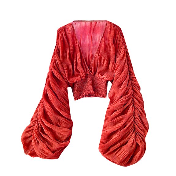 Seductiva Women's 2025 Summer Chiffon Blouses Women Women's Spring Solid Color Pleated Bubble Sleeves Slim Fit Short Versatile Chiffon Shirt Casual Loose T-Shirts Women Shirts Summer