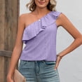 thumbnail image 4 of Women One Shoulder Top Summer Eyelet Ruffle Trim Sleeveless Pure Color Top for Female Purple M, 4 of 8