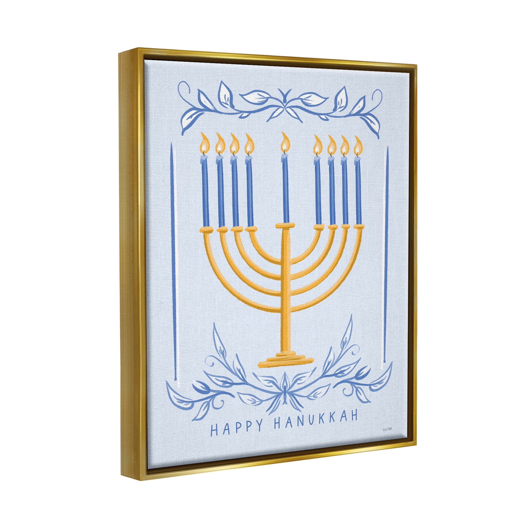 Happy Hanukkah Botanical Menorah Holiday Graphic Art Metallic Gold Framed Art Print Wall Art