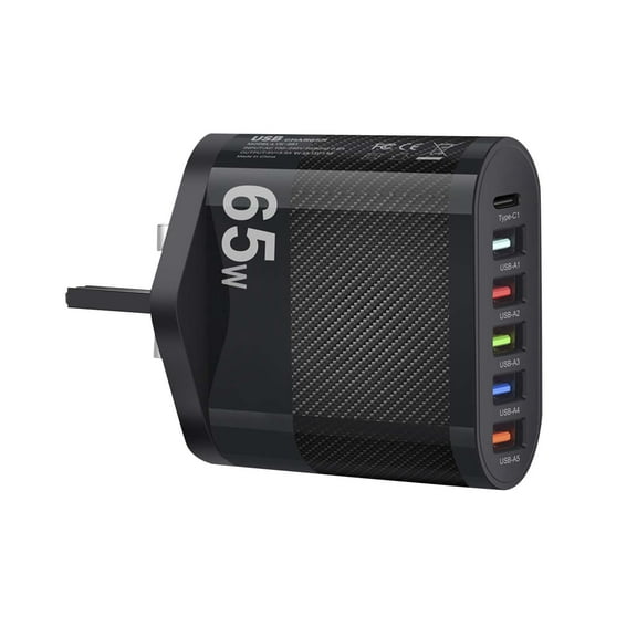 65W Universal Fast Wall Charger with 5 USB Type C Ports PD QC30 Technology for Phone Charging