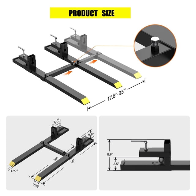 BeesClover Pallet Forks 43" 1500lbs Load Clamp on Pallet Forks with Adjustable Stabilizer Bar for Tractor Bucket for Box, Fence Installation