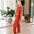 thumbnail image 5 of Women's Long Sleeve Button-Up Pajama Set with Piped Trim Details and Relaxed Fit - Large, Red, 5 of 6