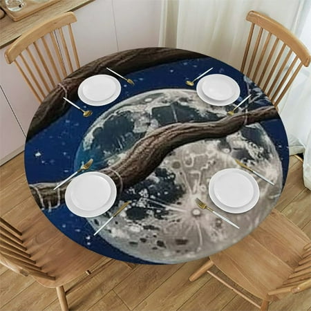 

Patifu Moon Stars Tree Branch Round Tablecloth 100% Polyester Stain-Resistant Indoor Outdoor Table Cover Fitted 46 -50