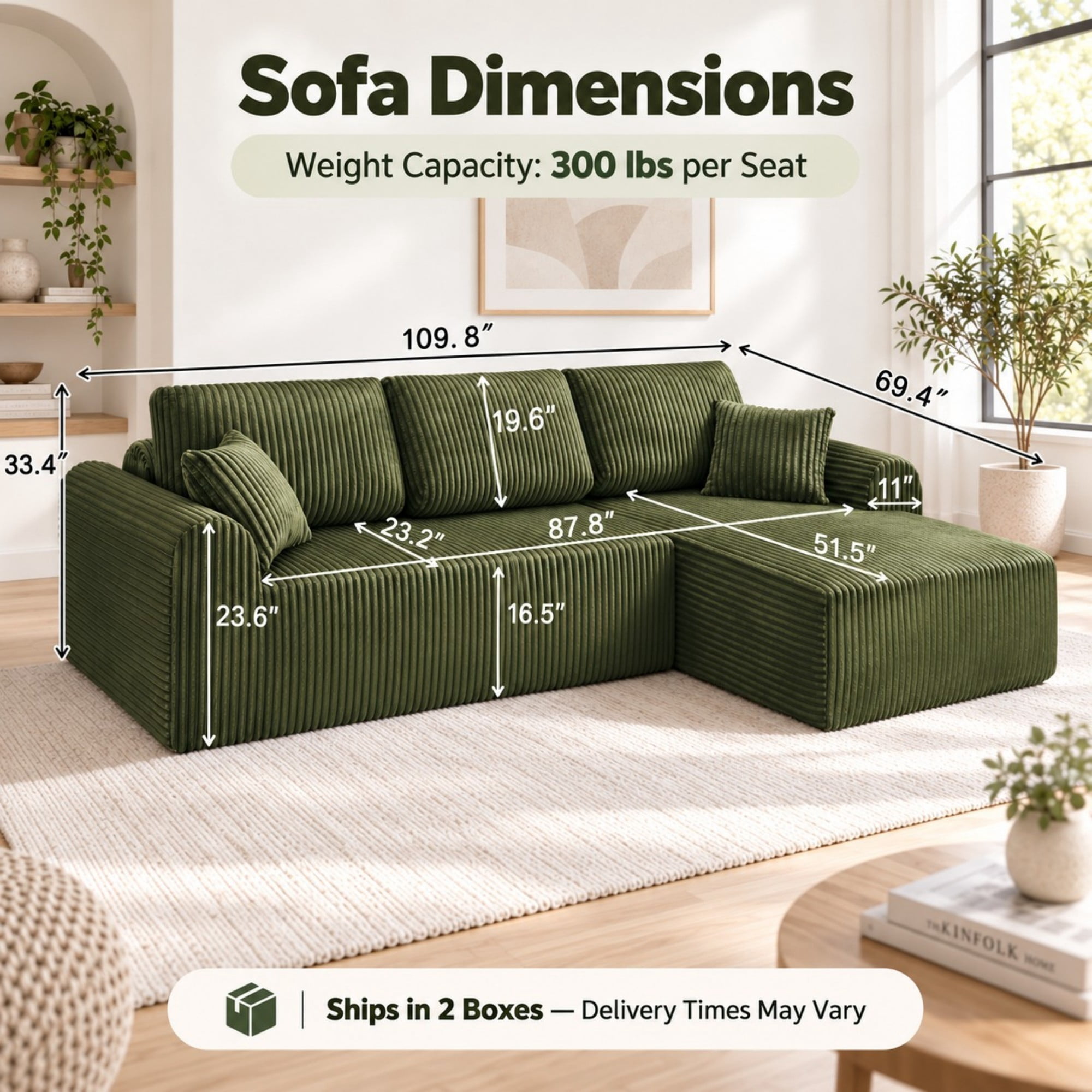 DEALTOPS 109" Corduroy L-Shape Floor Cloud Couch, Deep Seat Modular Sectional Sofa, Right Chaise, Green