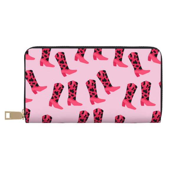 Leather Thin Slim Wallets for Women Men - pink cowgirl red boots Western Clutch Card Wallet for Women Men with Zipper