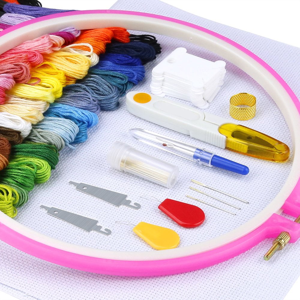 2 Pieces Aida Cloth Cross Stitch Tool Kit for Beginners 50 Color Threads Gaosaili Cross Stitch Kit Full Range of Embroidery Starter Kit 5 Pieces Bamboo Embroidery Hoops