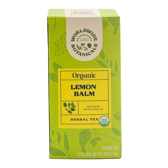 Worldwide Botanicals Organic Lemon Balm Tea, 25 Tea Bags - 50% more herbs with 2.25g per teabag - 100% Pure Lemon Balm Leaves, Kosher