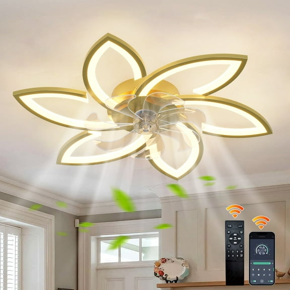 Ganeed 30.7" Bladeless Ceiling Fan with Light and Remote Control, Gold Low Profile Flush Mount Ceiling Fan 3 Color 6 Speed for Bedroom Living Dining Room Kitchen