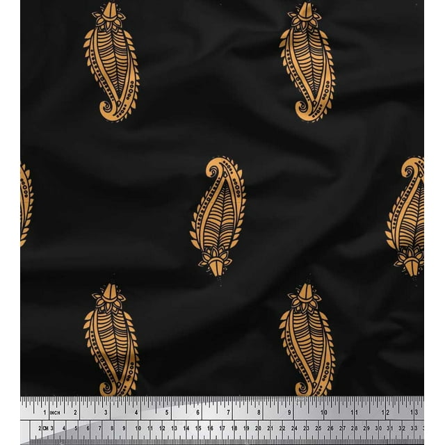 Soimoi Black polyester Crepe Fabric Yellow Paisley Print Fabric by Yard 42 Inch Wide