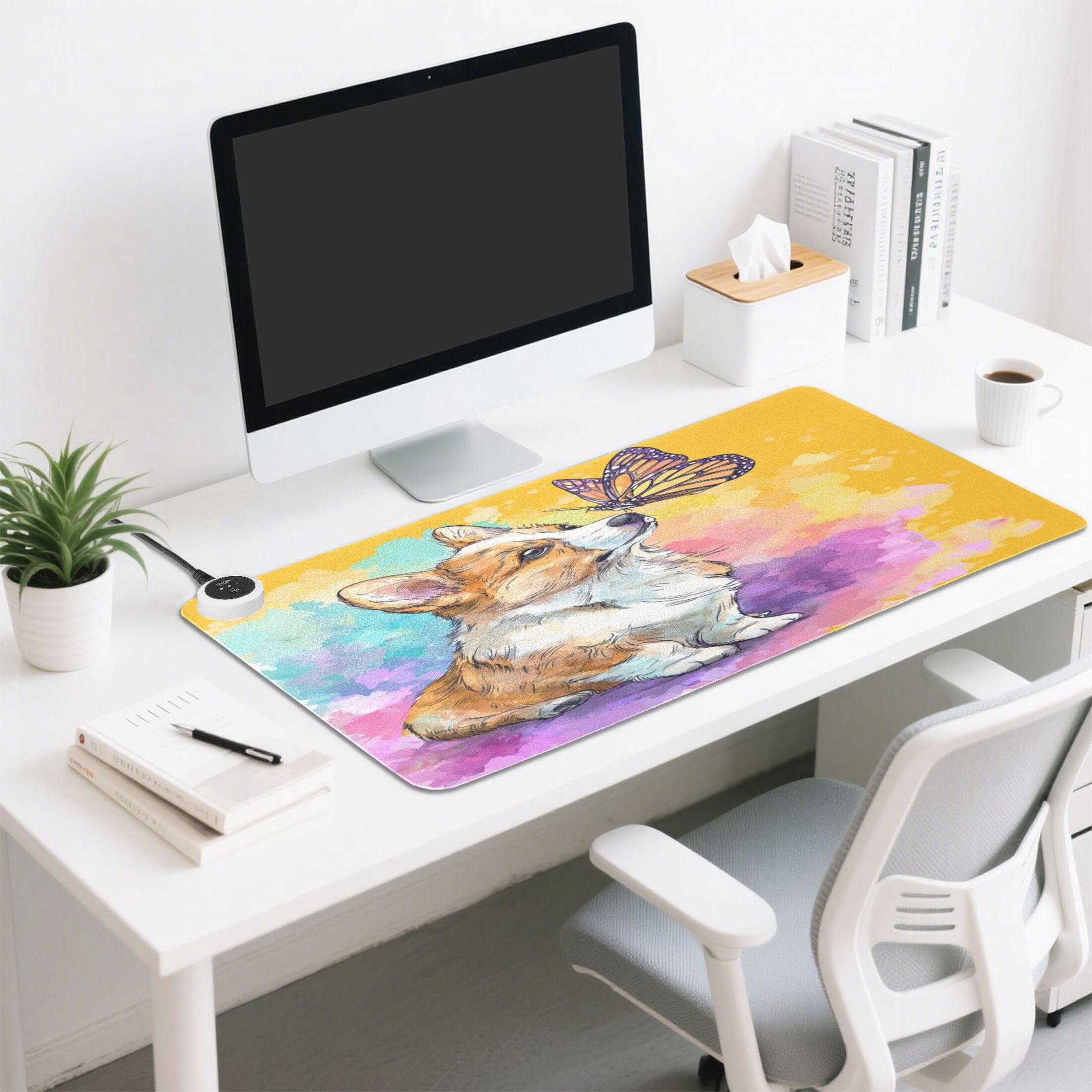 Large Heated Desk Mat Mouse Pad 31.5"x13"PU Leather Graphene Heating Desk Warmer with 3 Temperature Settings 110V US Plug Non-Slip Warm Pad for Home, Office, and Gaming Cartoon Drawing Of A Corgi