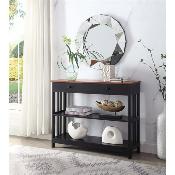 Pemberly Row Contemporary Cherry 1 Drawer Console Table in Black Wood Finish