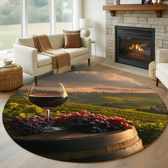 Country Round Rug 5ft Washable Circle Kitchen Rugs Non Slip Grapes Casks Wine Farmhouse Large Area Rug Indoor Floor Carpet for Bedroom Living Room Home Office Dining Room Nursery