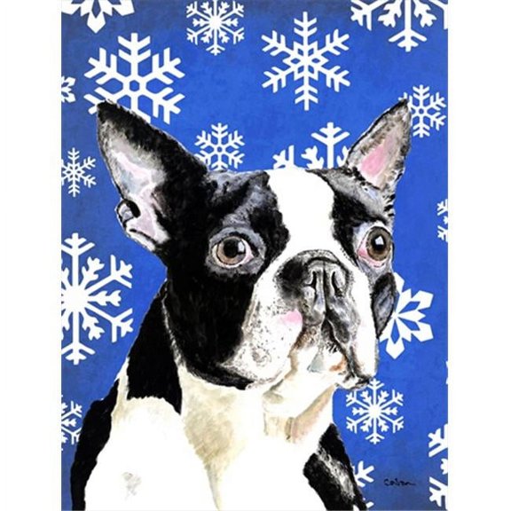 28 x 40 in. Boston Terrier Winter Snowflakes Holiday House Size Canvas Flag
