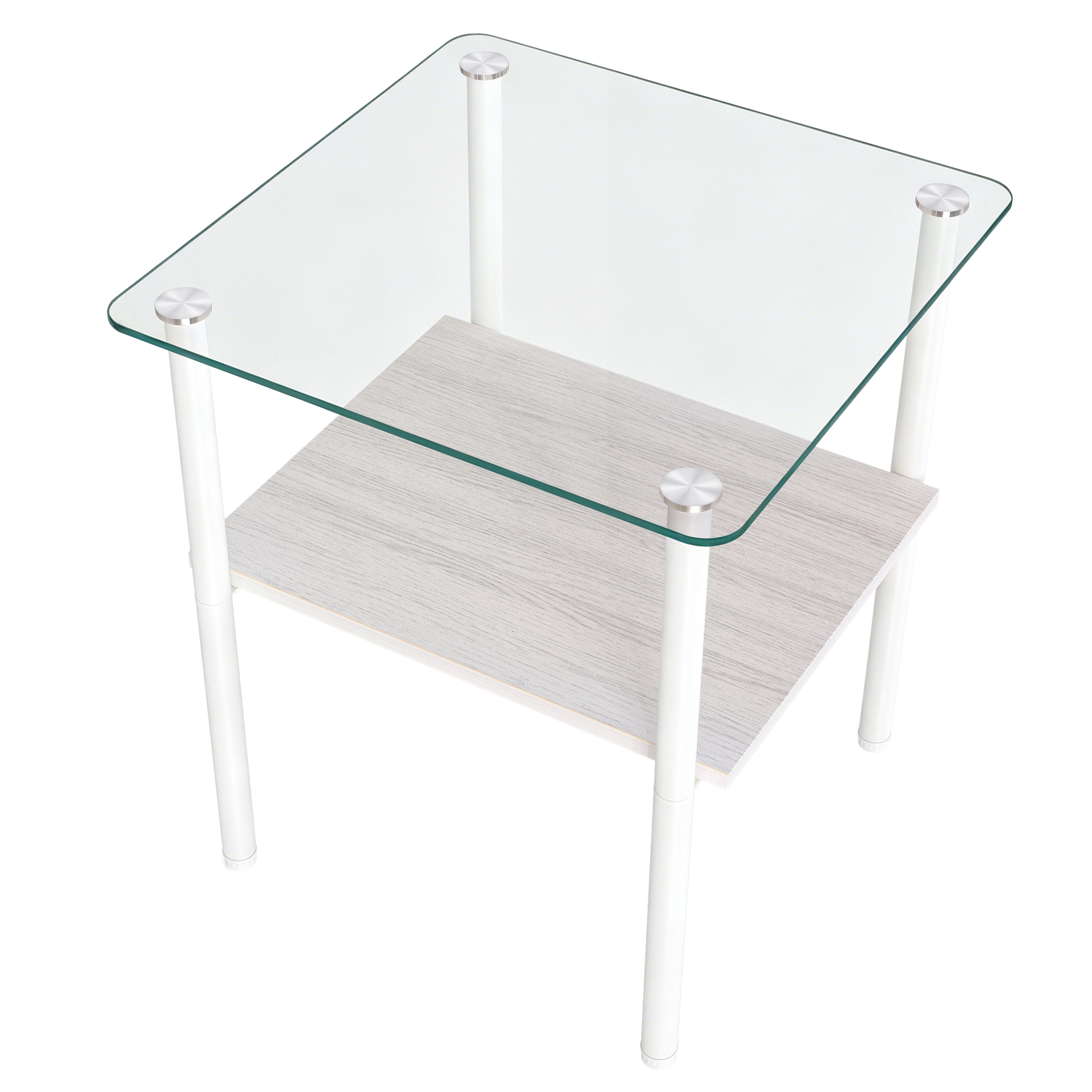 2-piece Modern Rectangular Glass Side Table, Tempered Glass Tabletop, MDF Storage Shelf & Metal Legs, Minimalist Sofa Side Table for Living Room & Bedroom
