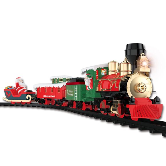 Christmas Train Set For Under The Tree With Lights Music Sounds And Steam - Electric Train With On/Off Button Santa Sleigh Smoke Tracks - Perfect For Boys Toddlers Ages 3+ Year Olds