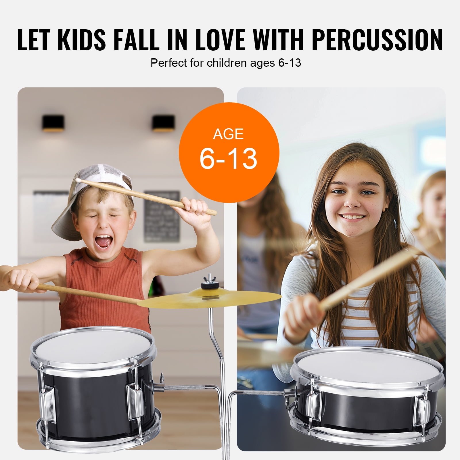 KFFKFF Children's Drum Kit, 3-Piece Drum, 14'' Starter Set with Adjustable Seat, Cymbal, Pedal, 2 Drumstick Sets, 8'' Tom, 10'' Snare, 14'' Bass, Ideal for Young Musicians, Black