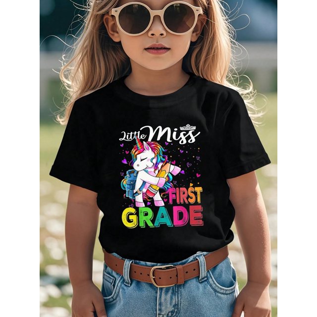 Kids Cotton T-Shirt, First Of School Top Black Short Sleeve Tee For Grade 1, Print Summer Outdoor Sports Shirts,Back To School First Grade Graphic Tee