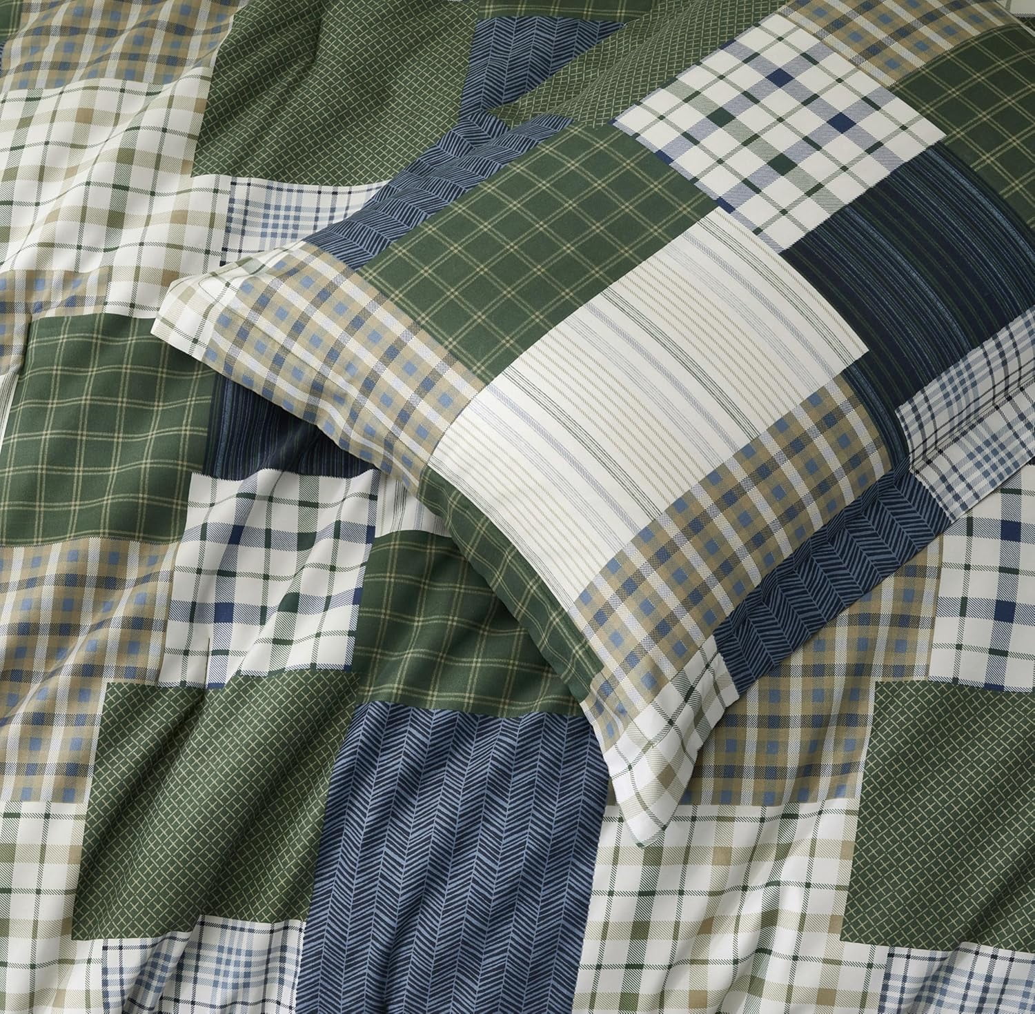 Chezmoi Collection Cedar 3-Piece Printed Patchwork Comforter Set, Green Navy Plaid Striped, Pre-Washed Microfiber Lightweight Reversible Bedding for All Seasons, Queen Size