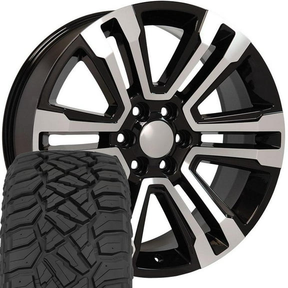 OE Wheels CV44 22 Inch Rims and Tires Fit Yukon Denali Style 6x139.7 22x9 Gloss Black Machined - Hollander 5822 - TerraMax RT 285/45-22 (Set of 4)