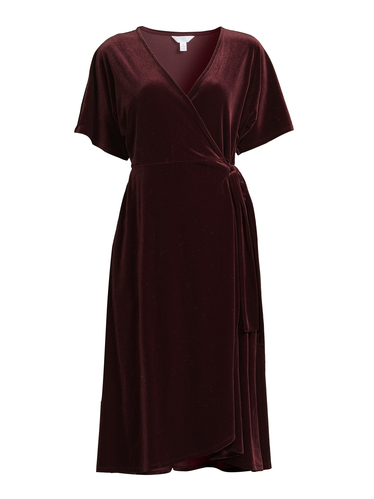 Time and Tru Women's Velvet Wrap Midi Dress with Short Sleeves, Sizes XS-XXXL
