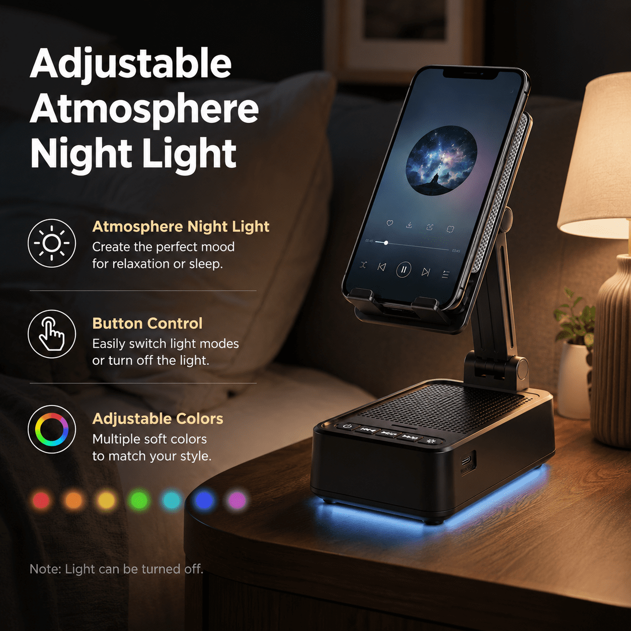 JDMEOPD Foldable Cell Phone and Tablet Stand with Bluetooth Speaker, Night Light, 5W Surround Sound, Black