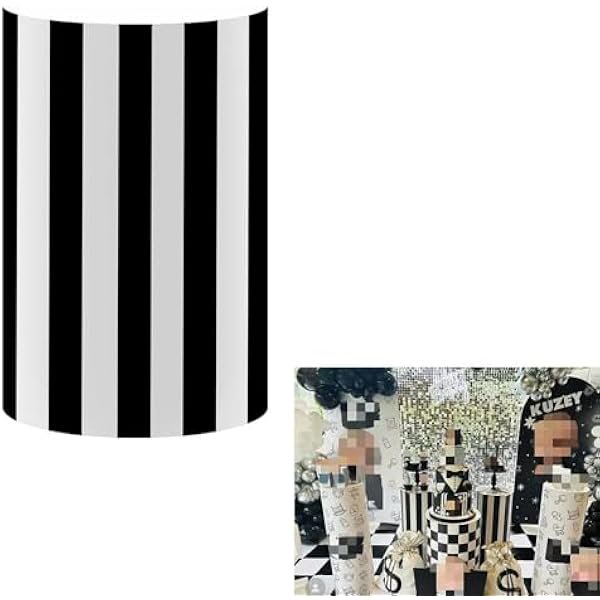 wonima02 Black and White Stripes Cylinder Plinth Covers for Boss Father Birthday Parties Pedestal Tablecloth Stretchy Fabric Cover Boys Kids Baby Shower Cake Tablecloth Party Decors 16''36''