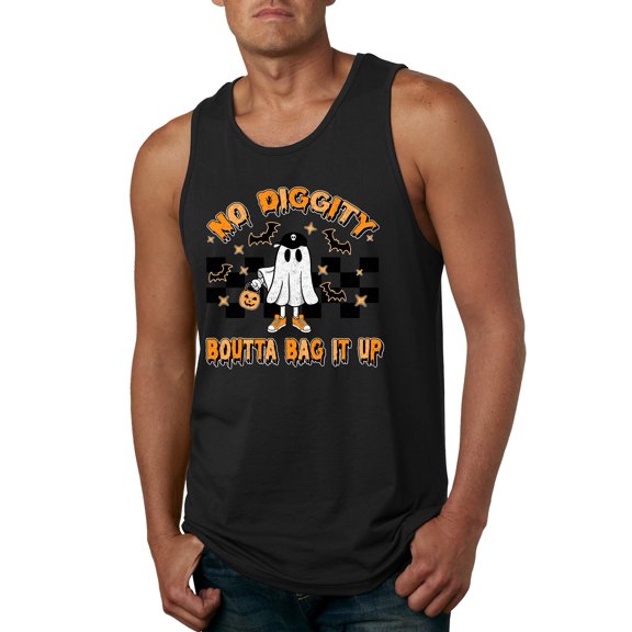 Wild Bobby No Diggity Boutta Bag it Up Ghost Bats Stars Pumpkin Halloween Orange and Black Halloween Men Tank Top, Black, Small
