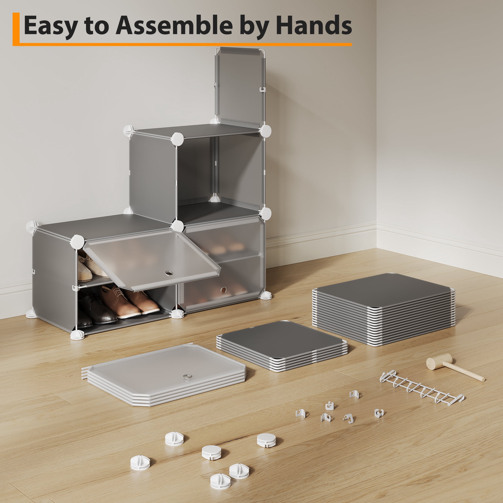 Modular 6-Cube Shoe Storage Cabinet with Doors – 6-Tier Plastic Shoe Organizer – Space-Saving – Easy DIY Assembly – for Entryway, Bedroom, Living Room – Gray