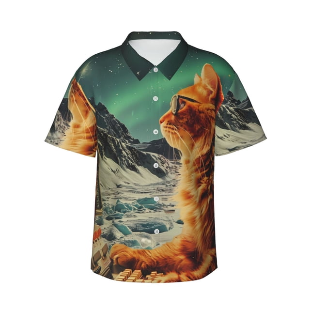 Balery Space Adventurer Cat Camisas hawaianas de manga corta para hombre, camisas playeras de corte holgado, camisas de vacaciones con botones,XX-Large