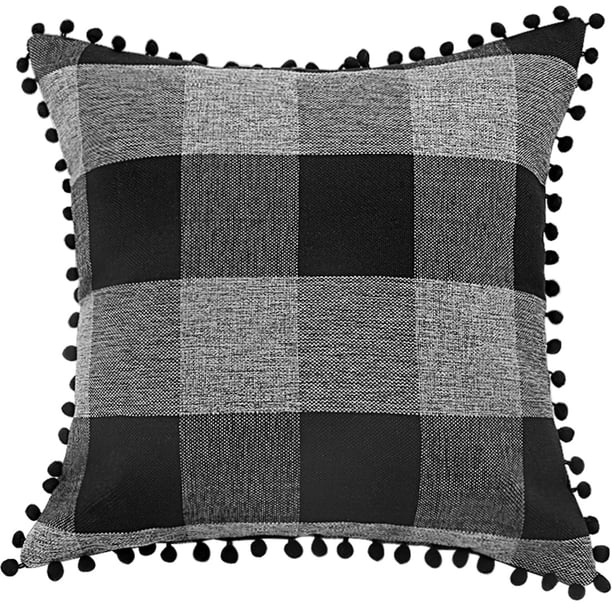 Clásico Búfalo Cuadros Fundas Cojines Cubiertas con Pompones Decorativo Funda Cojín Poliester Funda Almohada Cobertor para Sofa/Sillón/Cama 18 x 18 Pulgadas Negro y gris